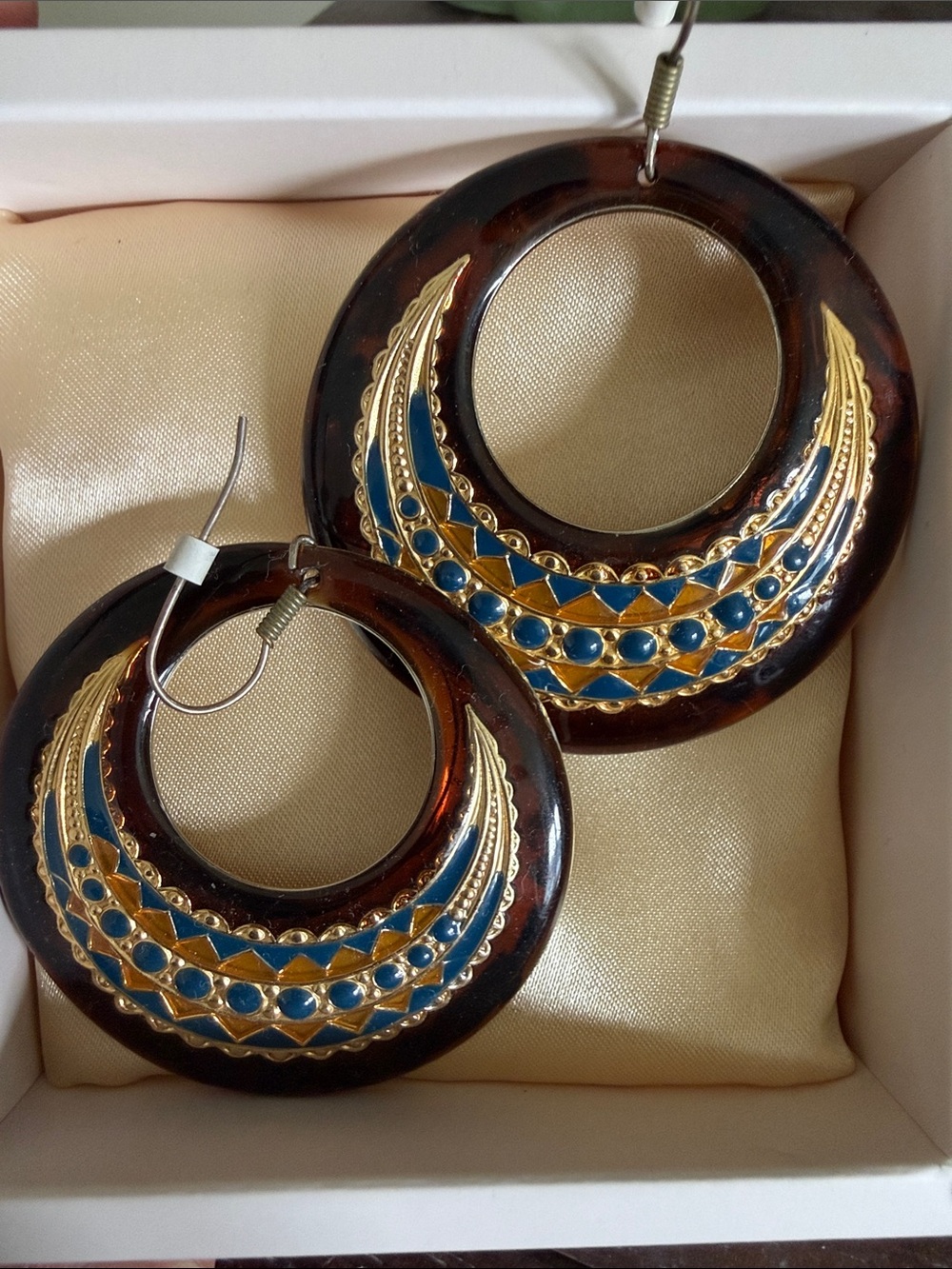 Vintage Moulin Rough tortoise shell Earrings Gold and Teal Enamel Accents